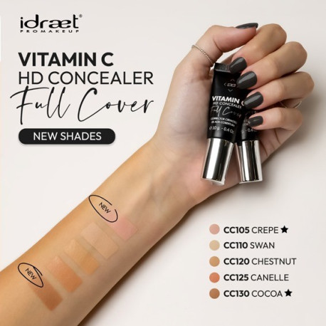 Idraet Pro MakeUp VITAMIN C CONCEALER FULL COVERAGE - Base + Corrector de Cobertura Muy Alta - Tono CC130 COCOA  8ml