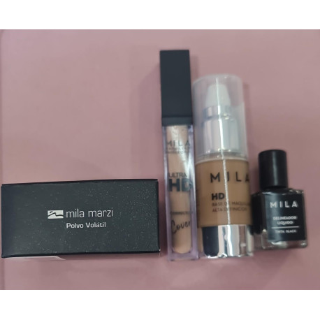 Promo kit 6 Mila Marzi Polvo Base Maquillaje HD+Maq. Hidratante Siliconado Corrector HD+Tinta Polvo Volátil Mate