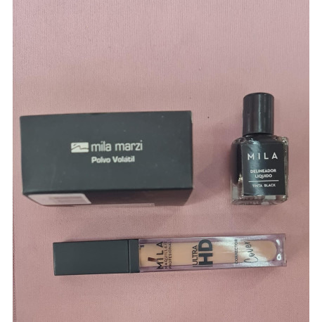Promo kit 10 Mila Marzi Polvo Volátil Mate+Maq. Hidratante Siliconado Corrector HD +  Delineador Líquido -Tinta Black